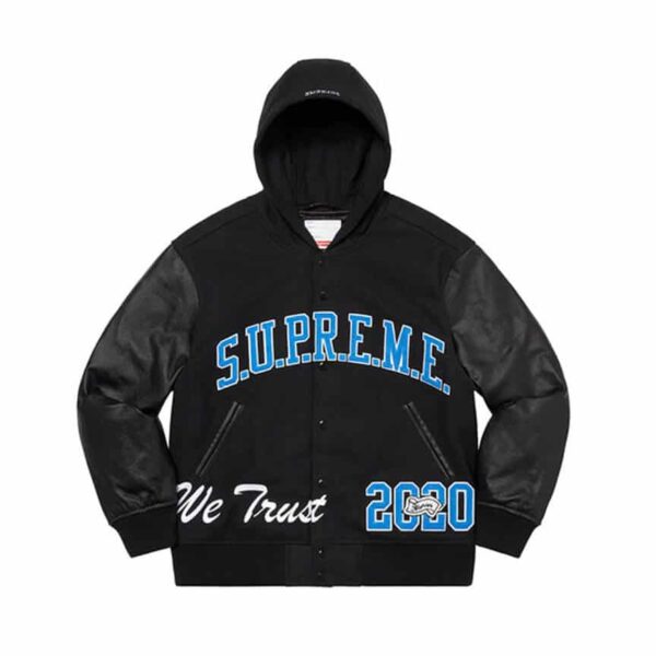 supreme king hooded varsity jacket